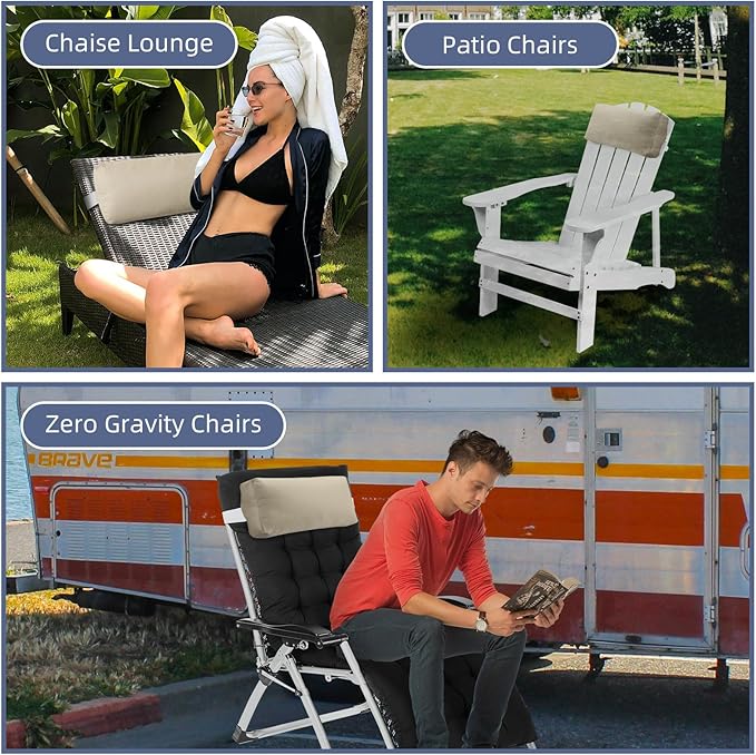 Chaise Lounge Head Pillow, 2 Pack Outdoor Patio Pillows with Adjustable Strap, Lounge Head Resting Pillow for Recliner Beach Pool Lounger Office Chair(Khaki,Water Resistant)