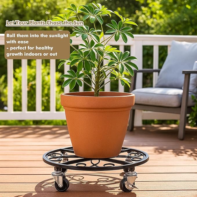 4 Pack Plant Caddy with Wheels 13.5 Inch Rolling Plant Stand for Large Plants Heavy Duty Plant Rollers Metal Plant Dolly Rustproof Planter Stand Wrought Iron Plant Stands Flower Cart Indoor Outdoor
