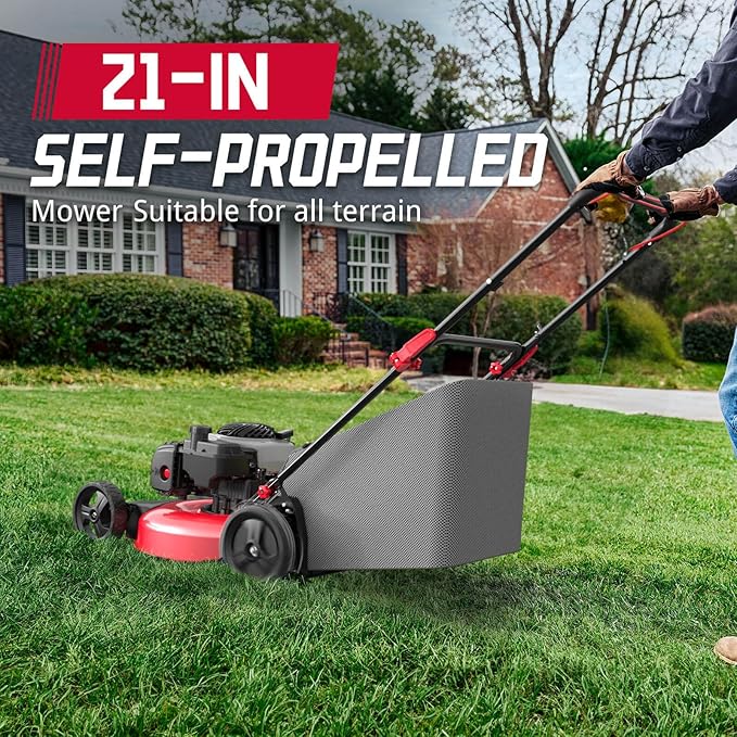 PowerSmart 21" 140cc Self Propelled Lawn Mower, 6-Position Adjustable Cutting Height, 3-in-1 with Mulching. Side Discharge. Rear Bagging, Easy Start