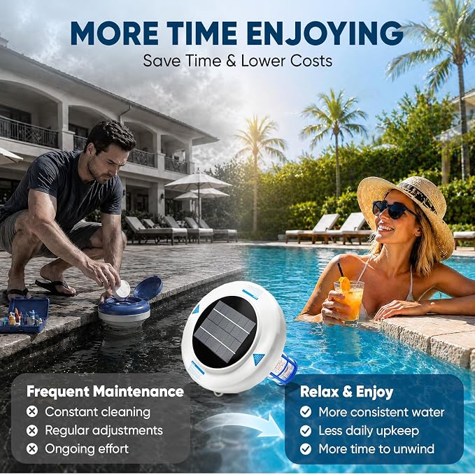 New Upgraded Solar Pool Ionizer for Above Ground & Inground Pools Up to 45,000 Gallons, Floating Solar Pool Cleaner with Copper Anode, Low Maintenance Pool Water Clarifier for Clear Pool Water