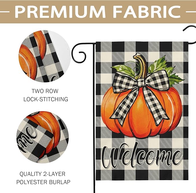 Fall Pumpkin Garden Flag 12x18 Inch Welcome Autumn Harvest Theme Thanksgiving Buffalo Plaid Decorative Yard Flags for Outside Double Sided Outdoor Home Farmhouse Decoration Porch Decor