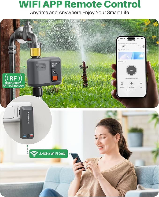 WiFi Water Timer for Garden Hose, WiFi Sprinkler Controller with 984ft RF Range, Strong Wall Penetration, Alexa & Google Voice/App Control WiFi Hose Timer with Rain Delay, Manual Mode
