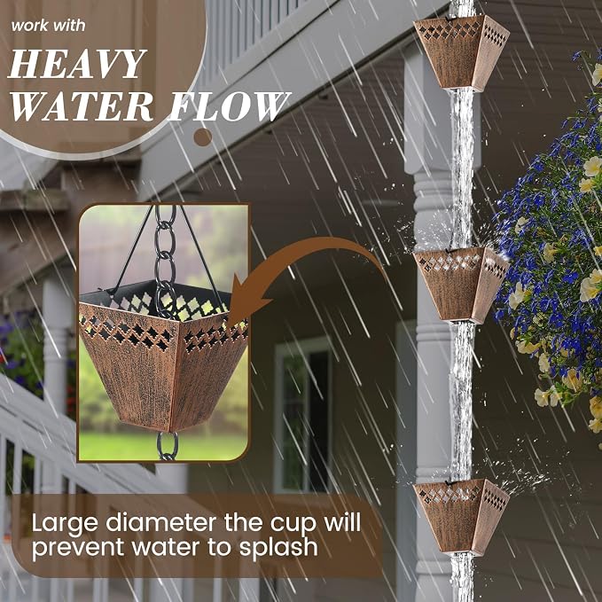 Square Rain Chain Gutter Downspout Copper Rain Chains for Gutters with 12 Cups, Adjustable Rain Catcher Chain with Bell for Outside Water Diverter Garden Decorative Garden, 8.5 Ft