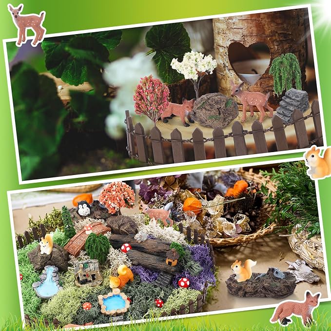 Chunful 45 Pcs Adult Fairy Garden Accessories Miniature Garden Figurines Tiny Resin Animals Forest Kit Pool Bridge Fence Pond Mushroom for Potted Plant Bonsai Terrarium Decor