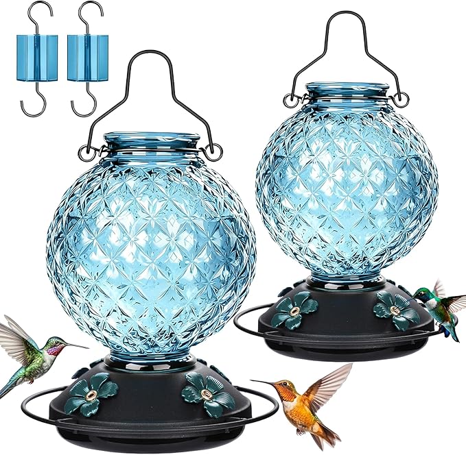 25 OZ Glass Hummingbird Feeder for Outdoors, Leak Proof Hummingbird Feeder with Ant Moat, 4 Bee Resistant Feeding Ports, Easy Clean Wide Mouth Design, 360° Perch, Hanging Nectar Feeder, Blue
