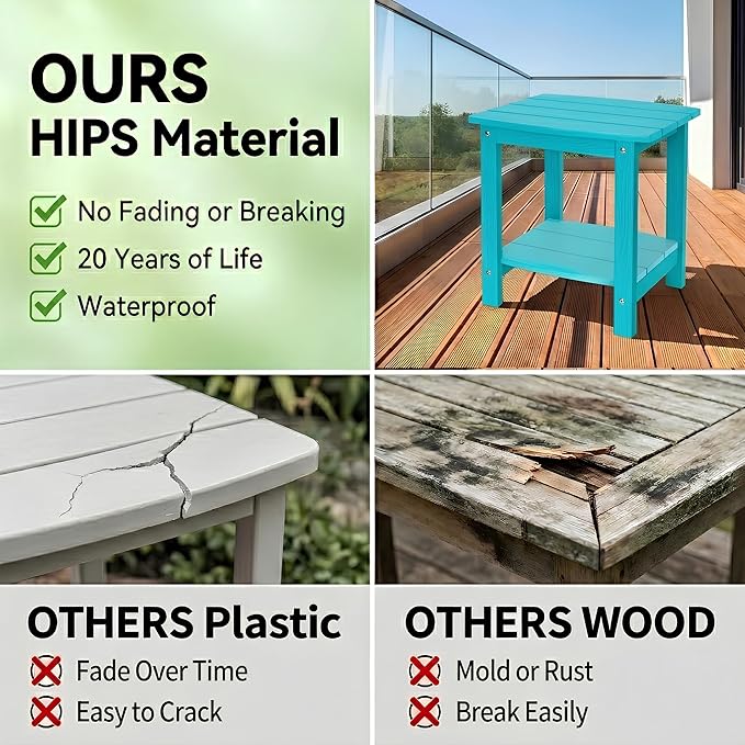 Y&M Outdoor Side Table, HIPS Adirondack Small Double Layer Table, Waterproof Square Balcony Modern End Tables for Patio, Pool, Beach, Porch, Deck, Indoor or Outdoor Use, Aruba Blue