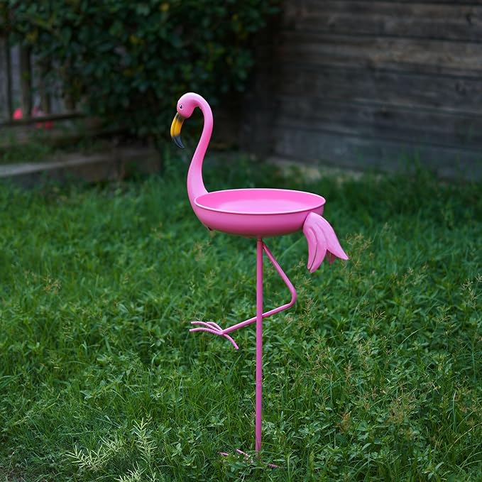 41 in Tall Flamingo Outdoor Bird Bath, Metal Bird Bath Bowl, Bird Feeder or Drinker Plate with Metal Stake, Home Garden Lawn Yard Decorations (Pink)