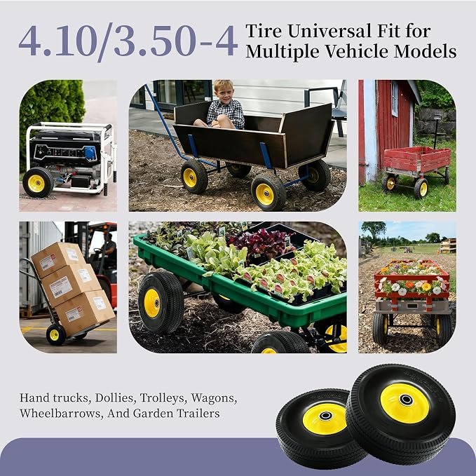 4.10/3.50-4 Tire and Wheel Flat Free, with 5/8” Axle Bore Hole, Extra 3/4”&1/2” Bearings, 2.2” Offset Hub,10” Solid Polyurethane Tires for Hand Trucks, Dollies, Garden Trailer (2Pack)