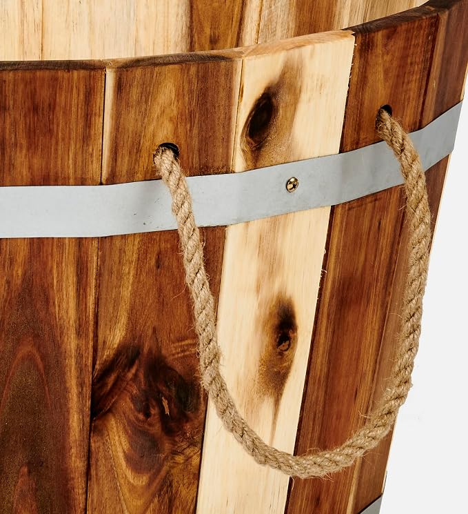 Worth Imports 15" Natural Acacia Wood Barrel Planter with Rope Handles