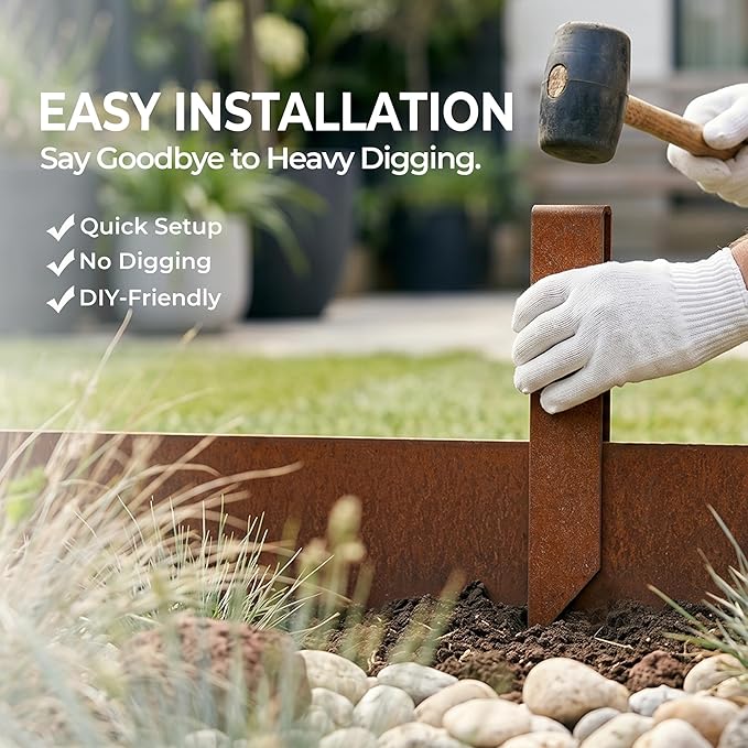 Worth Garden 6 Pack Cor-Ten Steel Landscape Edging w/Rust Patina Finish - 40" L x 8" H Strips - Hammer-in 14-Gauge Metal Corten Edging Border w/ 7 Clips & Gloves - Edge for Lawn Yard (20Ft Total)