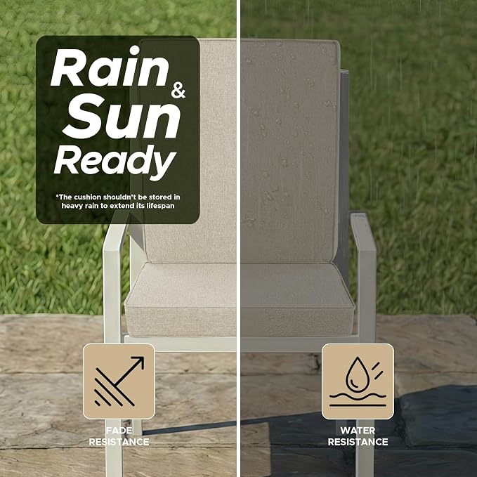 Outdoor Chair Cushions, Water-Resistant & Fade-Resistant, Patio Furniture Lawn Dining Chair Seat Replacement with Mid Back, Ties Zipper, Removable Cover, 18 x 16.5 Inch, Set of 2, Beige