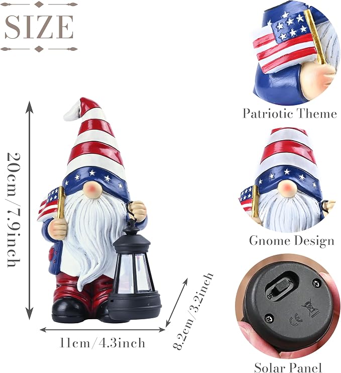 TERESA'S COLLECTIONS 4th of July Gnome Decorations with Solar Lantern, Memorial Day Decorations Resin Patriotic Garden Gnome Holding American Flag, USA 250th Anniversary Independence Day Gift 8"