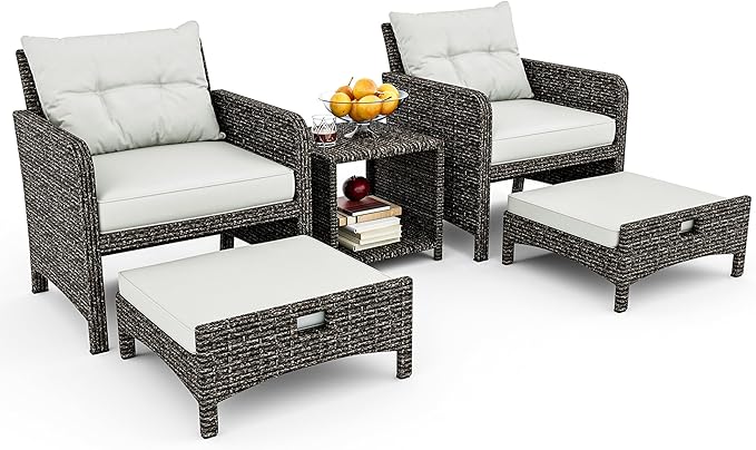Pamapic Outdoor Furniture 5 Piece Patio Conversation Set, Wicker Rattan Patio Set with Soft Cushions & Coffee Table, Balcony Furniturefor with 2 Ottoman for Porch, Garden, Lawn (Grey)