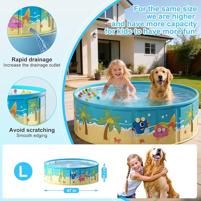 Foldable Swimming Pool for Kids 47.2"x17.7" Hard Plastic Portable Dog Pool Anti-Slip Collapsible Pets Bathtub Kiddie Pool Indoor Outdoor Backyard (JellieMons 48'')
