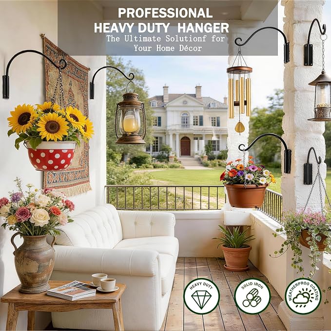 Heavy Duty 12 Inch Plant Hangers Bracket Outdoor, 50lbs Weight Capacity-2 Pack Metal Wall Hooks for Hanging Plants, Bird Feeder, Wind Chime, Wall Decor, Plant Hanger Hooks for Hanging Flower Baskets