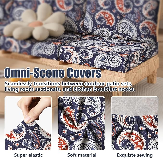 14Pcs Patio Stretch Cushion Covers, Outdoor Couch & Sofa Replacement Slipcovers for Patio Furniture Cushion Covers, Washable Reusable Furniture Protector, Square Large, Blue Paisley