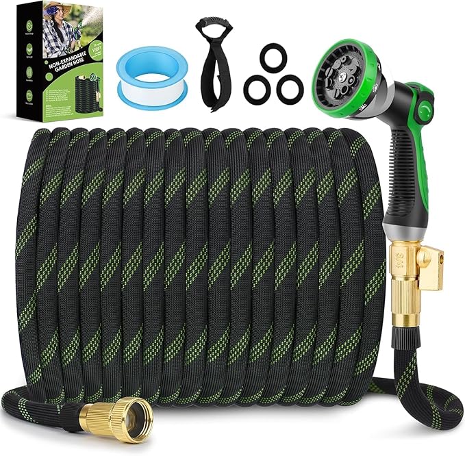 FlexiSolve Non-Expandable Garden Hose 100 ft, Ultra Lightweight & Flexible Water Hose With 10-Pattern Spray Nozzle, Full Length Leak-Proof Design, High-Density Fabric & Shut-Off Valve, Hose Straps