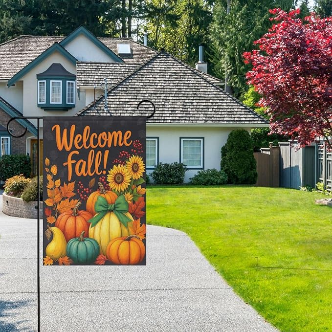 Welcome Fall Black House Flag 28x40 Inch Double Sided Outside Sunflower Pumpkin Autumn Seasonal Yard Outdoor Flag Banner for Garden Lawn Patio Holiday Decorations