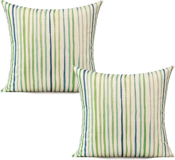 All Smiles Spring Outdoor Green Throw Pillow Covers for Patio Bench Garden Porch Sunbrella Furnitures Sage Lines Stripes Cushion Cases Decorative 20x20 Set of 2 for Sofa Couch