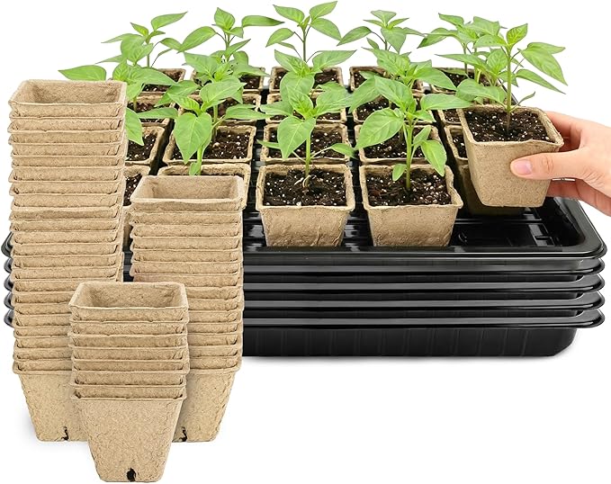 100 Pcs Square Nursery Pots, 5 Pcs Seed Starter Tray, 2.6 inch Nursery Pots with Tray, Plastic Starter Pots for Planting Seeds, Reusable Seed Starting Pots with Drainage Holes (Kraft Paper)
