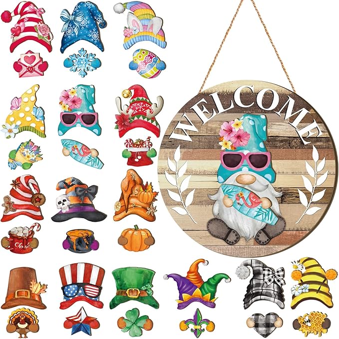 Qunclay Interchangeable Wooden Gnome Decor Holiday Seasonal Gnome Decorations with Magnet Pieces and Detachable Hats Changeable Welcome Sign for Home(Yellow)