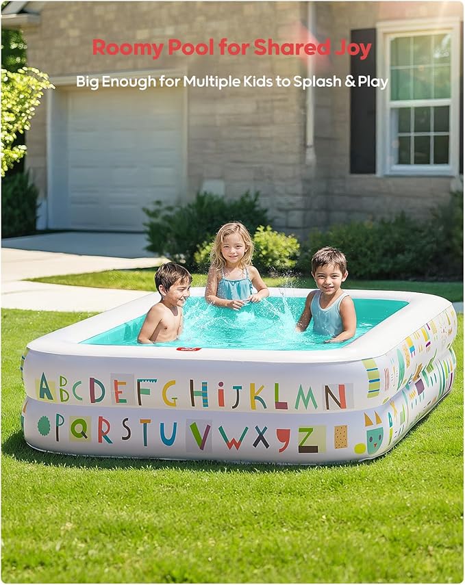 QPAU Kiddie Pool – 65" x 39" Inflatable Pool for Kids & Toddlers, Ball Pit & Baby Pool with Soft Floor, Educational Alphabet & Number, Durable Outdoor Play Toys for Backyard & Indoor Fun (Green)
