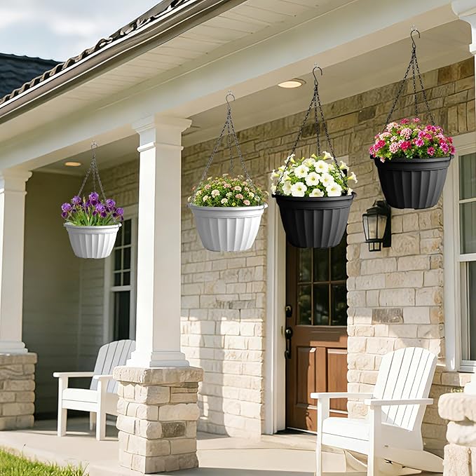 FGstyle Outdoor Plastic Hanging Pot 6 Pcs 10 inch Black and White