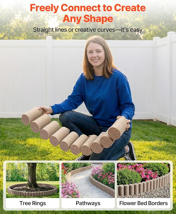 VEVOR No Dig Garden Edging Border, Faux Wood Landscape Edging, Flexible Plastic Lawn Edging for Tree, Flower Bed, Pathway, Yard, 4 Pack 10 Blocks 41.14"L x 3.74" W x 7.48"H, 32 Spikes Included, Beige