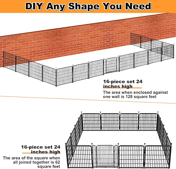 Getlay 24 in(H) Decorative Garden Fence with Gate,16 Panels Total 31.4 Ft(L) Heavy Duty Iron Animal Barrier Fence for Yard,Suitable for Indoor Pet Or Outdoor Dog Fencing, Garden Border Fence