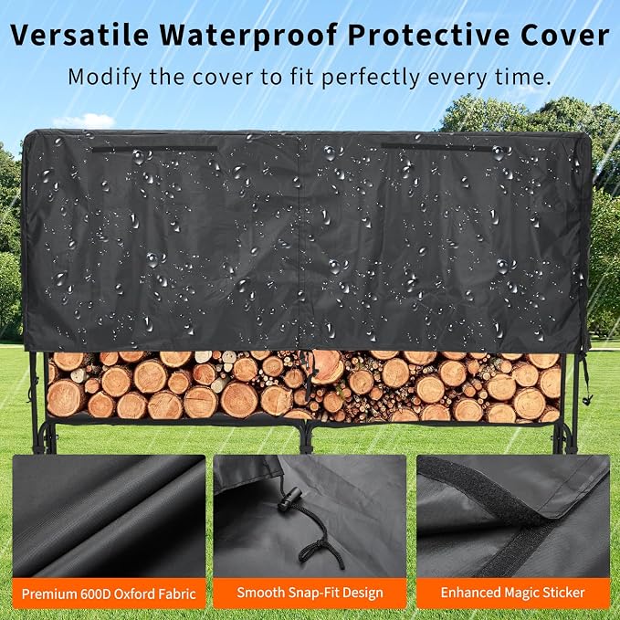 Garvee Heavy Duty 8 ft Firewood Rack Outdoor with Cover Large Steel Log Holder for Patio/Backyard, Weatherproof Wood Storage with Ventilated Design, Easy Assembly No Tools Needed