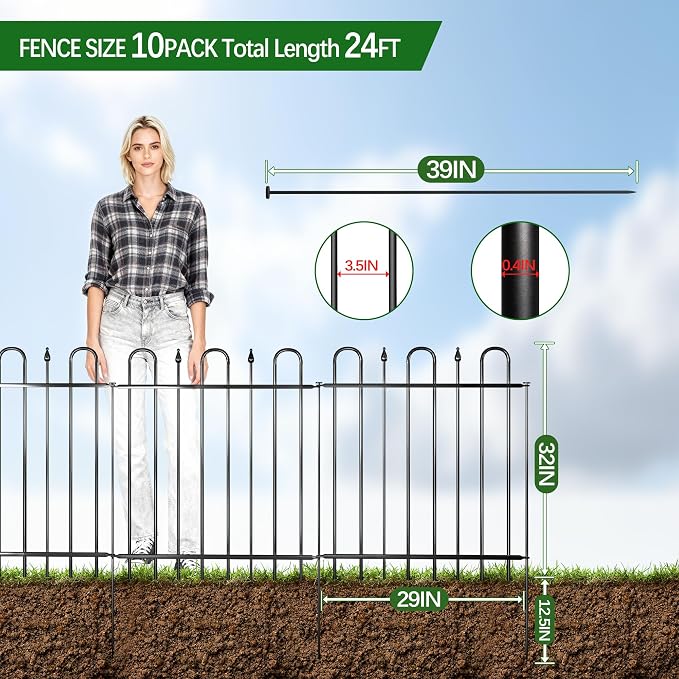 24.3ft(L) x 32.3in(H) 10 Panels Metal Decorative Garden Fence, No Dig Animal Barrier Fence, Garden Border Fence Panels with Ground Stake, for Pets, Flower Bed, Yard, Patio