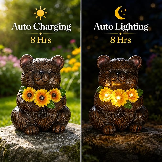 Solar Garden Statues Bear with Daisy and LED Lights Birthday Gifts for Women Mom Grandma Solar Outdoor Cat Decor for Outside,Outdoor Solar Lights for Yard, Garden and Patio, Unique Gift for Women