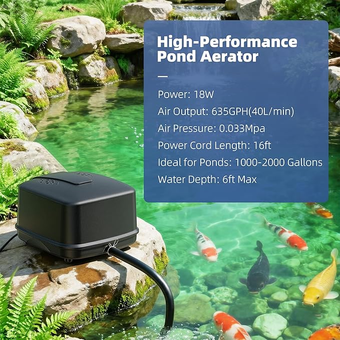 Biling Pond Aerator, Ultra Quiet 43dB 635GPH Pond Air Pump, IP55 Waterproof Septic Aerator for Outdoor Ponds, Koi Ponds, Water Gardens and Septic Tank