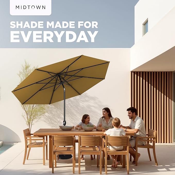 Midtown Umbrellas - 10-Year-No-Fade 6 Ft Patio Umbrella with Terylast Fabric, Auto-Tilt Aluminum Frame and 8 Reinforced Ribs for Deck, Pool, Garden & Beach - Sand Tan Canopy, Black Pole