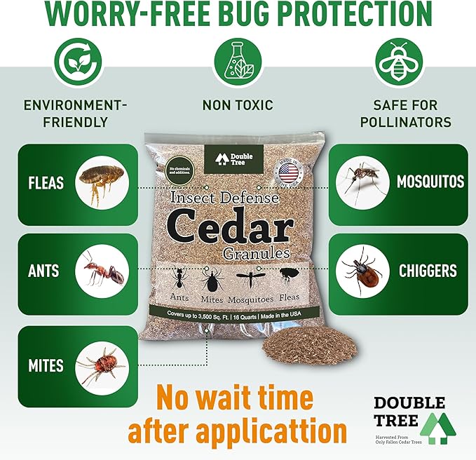 Double Tree Home and Garden Cedar Granules | Repels Fleas, Ticks, Ants, and Mosquitos | Rich Cedar Scent | Non Toxic | Pet Safe | 3 Bags (48 Quarts)