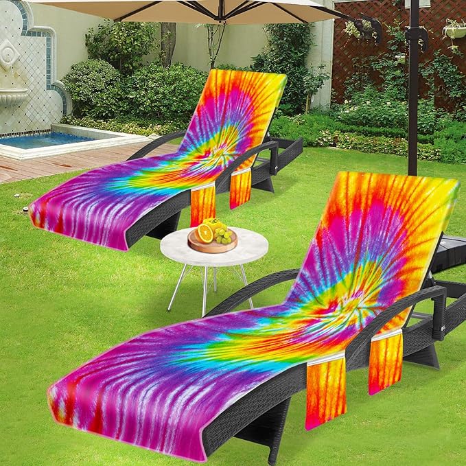 Lounge Chair Towel Cover, Tie Dye Style Chaise Lounge Cover (Pack of 2), Beach Chair Covers with Pockets for Pool Sunbathing Beach Garden Courtyard Outdoor Trips, 85 x30 in, Rainbow Red