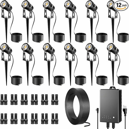 All-in-One Outdoor Low Voltage Landscape Lighting Kit, LED Landscape Spot Lights with 60W Transformer and 65FT Wire, Waterproof Outside Spotlights for Yard, Garden, Tree, Pathway, House, 3000K, 12Pack