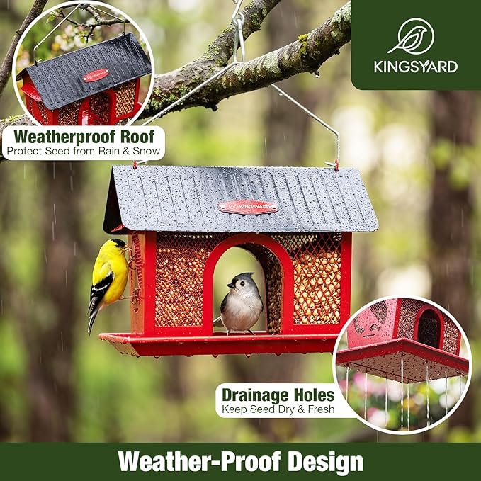 Kingsyard Bird Feeder for Outdoors Hanging, Dual-Use Metal Mesh Wild Bird Feeders with Seed Tray & Weatherproof Roof, 3 lbs Large Capacity, Red