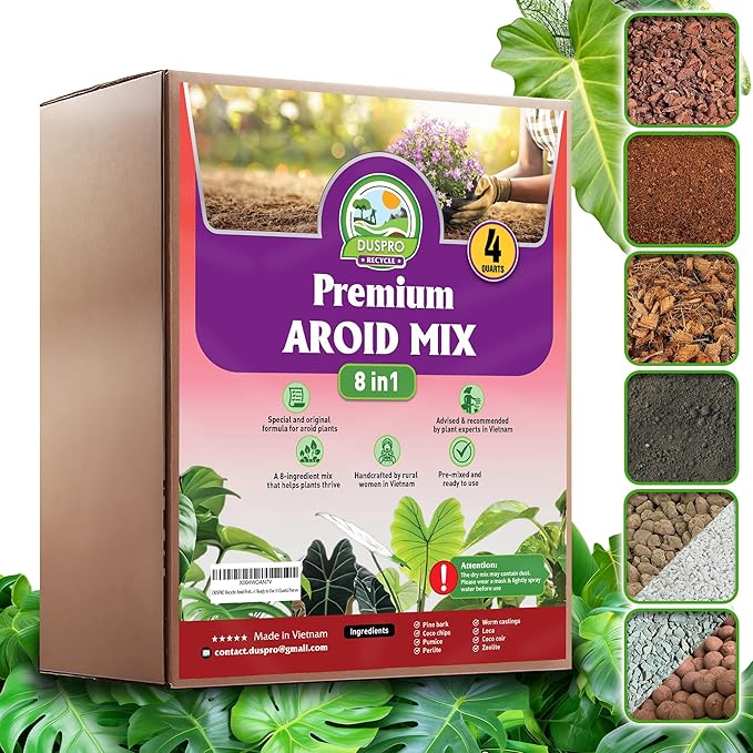 DUSPRO Recycle 8in1 Aroid Potting Mix Pre-Mixed Indoor Potting Soil for Aroid Plants, Chunky Soil Mix for Indoor Plants with Pine Bark,Pumice, Coir, Coco Chips, LECA,Perlite, Zeolite,Worm Castings 4QT