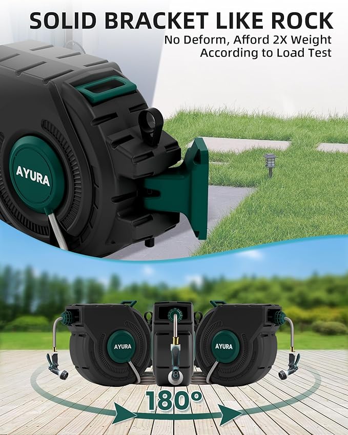 AYURA Retractable Garden Hose Reel 100 ft x 1/2 inch with Pro Metal Shaft, Heavy Duty Automatic Garden Hose Reels with Kink-Free Rewind and Lock at Any Length, Wall Mount Water Hose Reel for Outside
