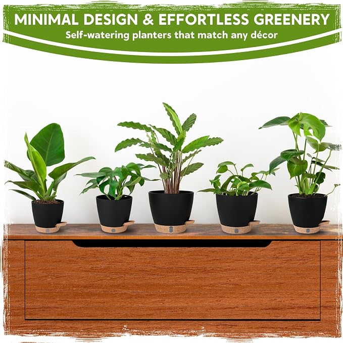 Self Watering Pots for Indoor Plants (5/5.5/6/6.5/8 Inch), Terra Cotta Planters with Water Level Indicator & Drainage,Wicking Pots for Monstera, Herbs & Snake Plant (Black, 5/5.5/6/6.5/8 Inch)