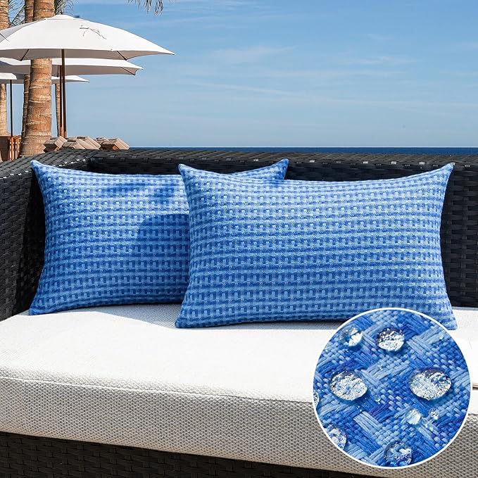 Kevin Textile Outdoor Waterproof Throw Pillow Covers Pack of 2 Farmhouse Decorative Cushion Covers for Garden Patio Tent Balcony Bench Couch Sofa 12x20 Inch, Blue