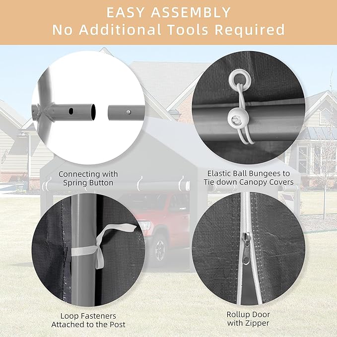 JY QAQA 10x20 FT Heavy Duty Carport with Removable Side Walls and Doors, Portable Garage with Roll-Up Window and Sandbags, Car Canopy with All-Season Tarp for Cars, Trucks, Boats, Grey