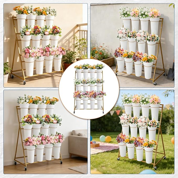 PeakPursuit 3-Tier Metal Flower Display Stand with 12 Plastic Removable Buckets and Wheels,Flower Display Cart for Indoor and Outdoor Use, Gold