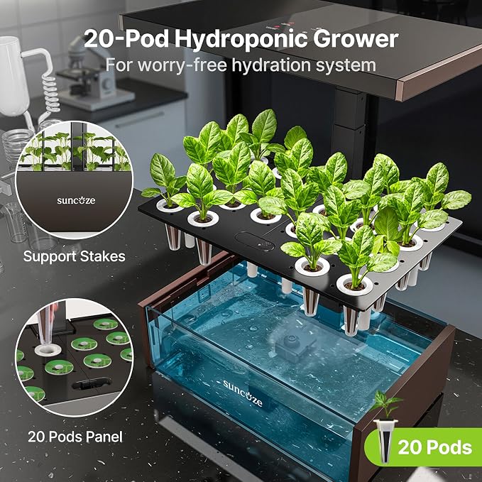 SUNCOZE Hydroponics Growing System Kit, 20 Pods Indoor Herb Garden with 10L Large Tank & Adjustable Height 25", 30W LED Grow Light, LCD Display with Pump & Low Water Reminder, Black&Brown