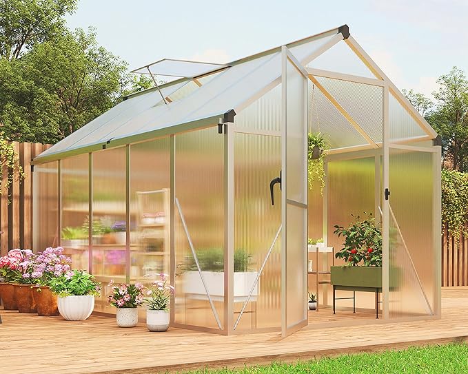 6X10 FT Greenhouse for Outdoors, Polycarbonate Greenhouse with Roof Vent, Ground Nails, Lockable Push Door, Aluminum Large Walk-in Green House for Outside Garden Backyard, Patio, Lawn, Silver
