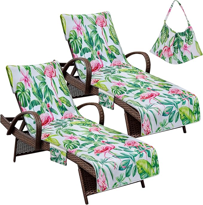 Lounge Chair Towel Covers, 2 Pack Outdoor Chaise Lounge Slipcover, 83" X 29" Flamingo Floral Microfiber Beach Chair Cover, Soft Absorbent Chaise Cover with Pockets for Pool Garden Patio