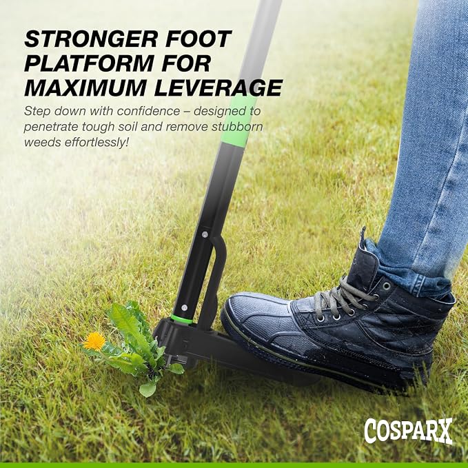 COSPARX Weed Puller Tool with Long 43” Handle, No Bending, Easy Eject – Removes Weeds Effortlessly, Sturdy Foot Pedal & Lightweight Aluminum - 4-Claw Hand Weeding Tool