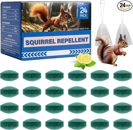 24 Pack Squirrel Rodent Repellent, Peppermint Lemon Oil Mice Repellent for Mouse Rats Spider Pests, Natural Deterrent for Kitchen, Warehouse, Car, Indoor, Outdoor, Safe for Pets Family