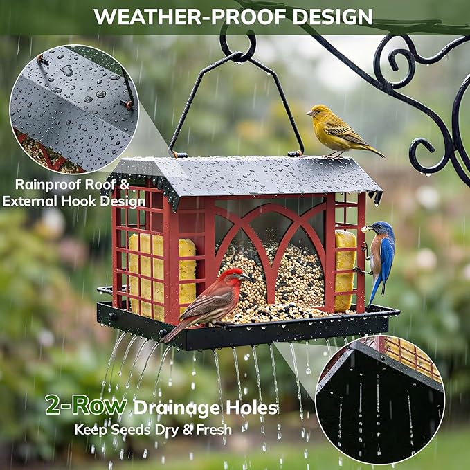 Bird Feeders for Outdoors Hanging, Metal Bird Feeder with Double Suet Cage Weatherproof Metal Roof, 3.5Lbs Large Capacity Great for Attracting Finch Cardinal Chickadee Wild Birds, Berry Red
